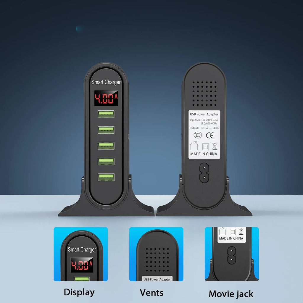 Smart LED digital display USB wall charger in black or white with EU, UK, or US plug.