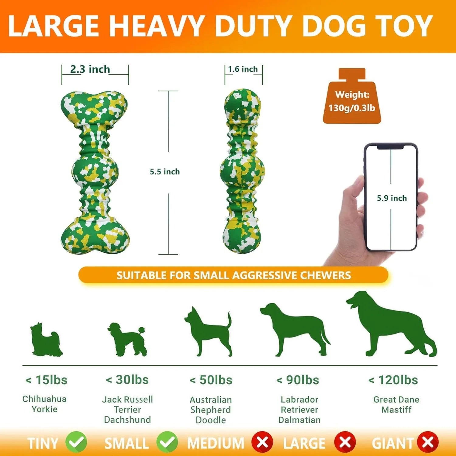Green, white, and yellow camouflage pattern natural rubber bone-shaped dog chew toy
