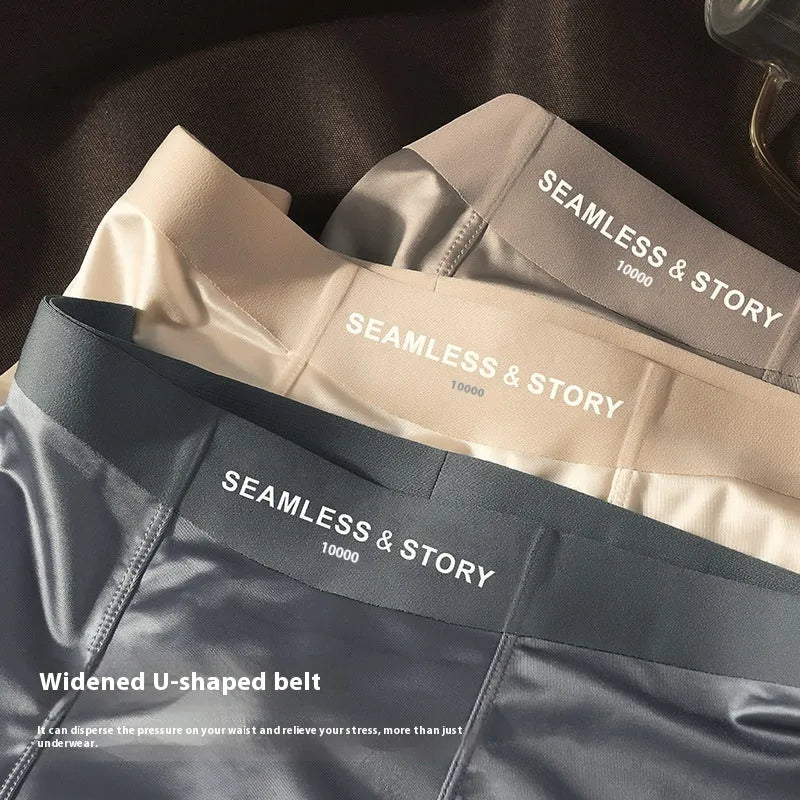 Men's ice silk satin underwear in mid-waist cut, shown in coffee, light grey, white, and blue colours.