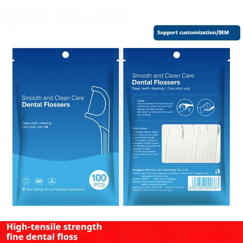 Bulk bag containing 100 individually plastic-wrapped disposable dental floss pieces on a white background.