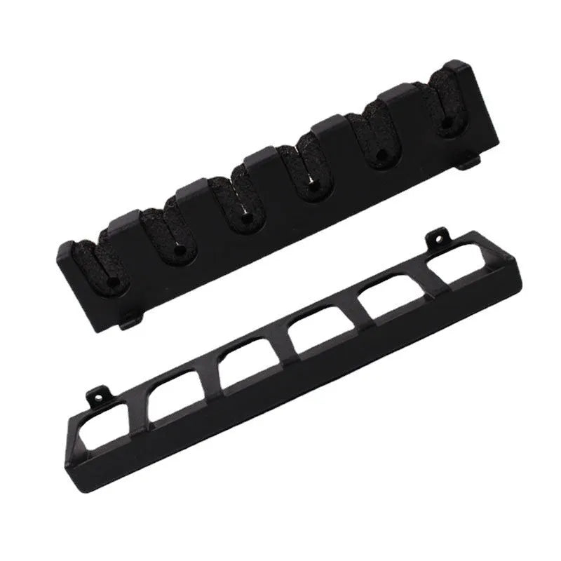 Black ABS plastic wall-mounted fishing rod holder in upright and horizontal frame styles