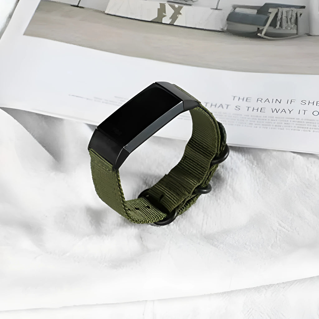Fitbit Charge nylon replacement strap with three-ring buckle in Army Green colour