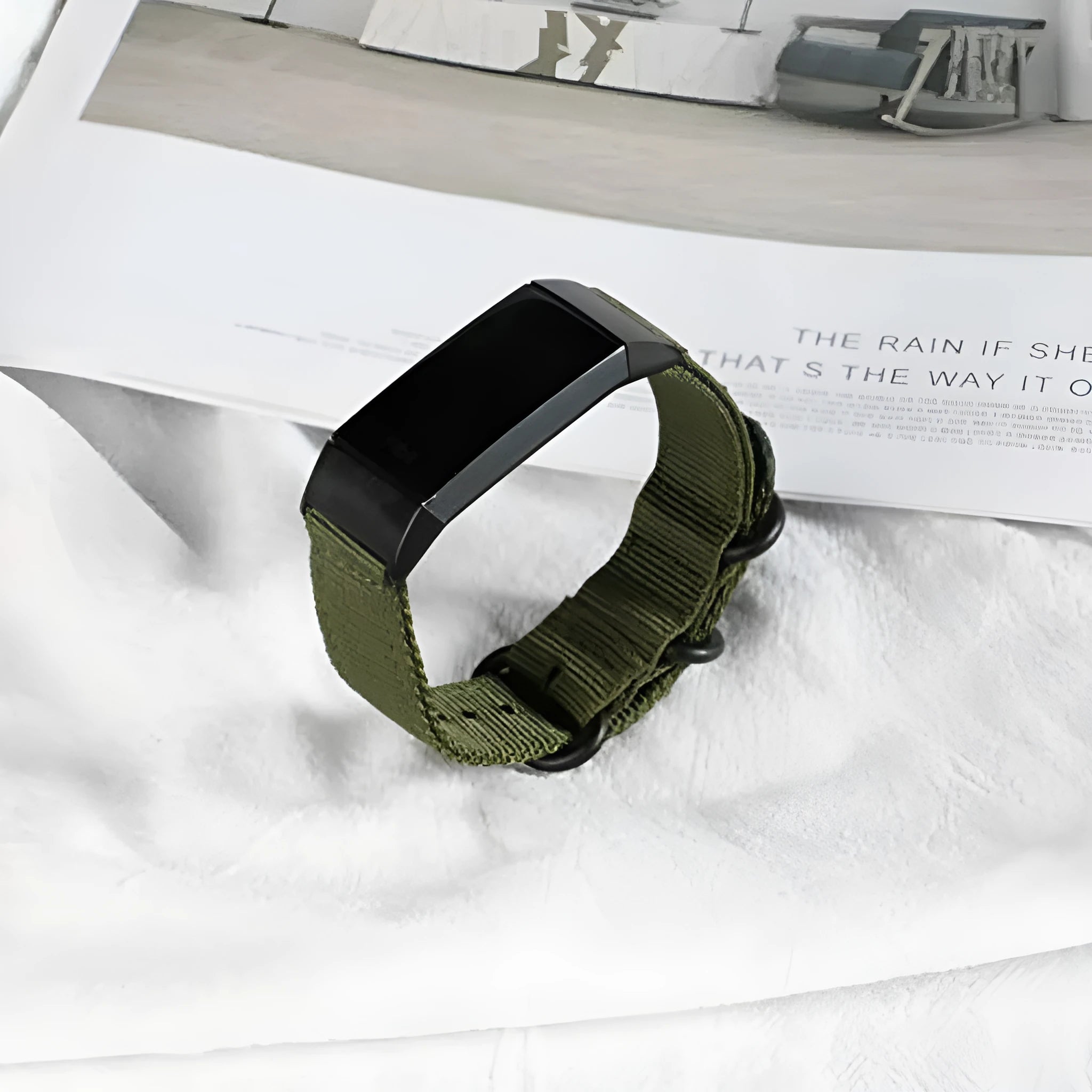 Fitbit Charge nylon replacement strap with three-ring buckle in Army Green colour