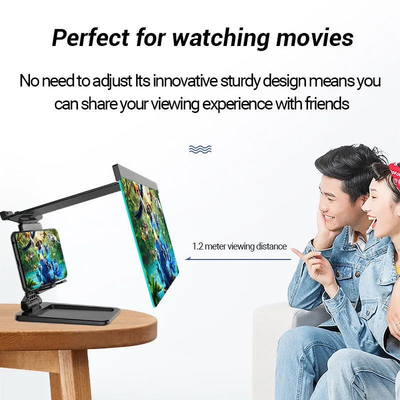Black folding mobile phone screen amplifier with detachable holder showing 12-inch curved display