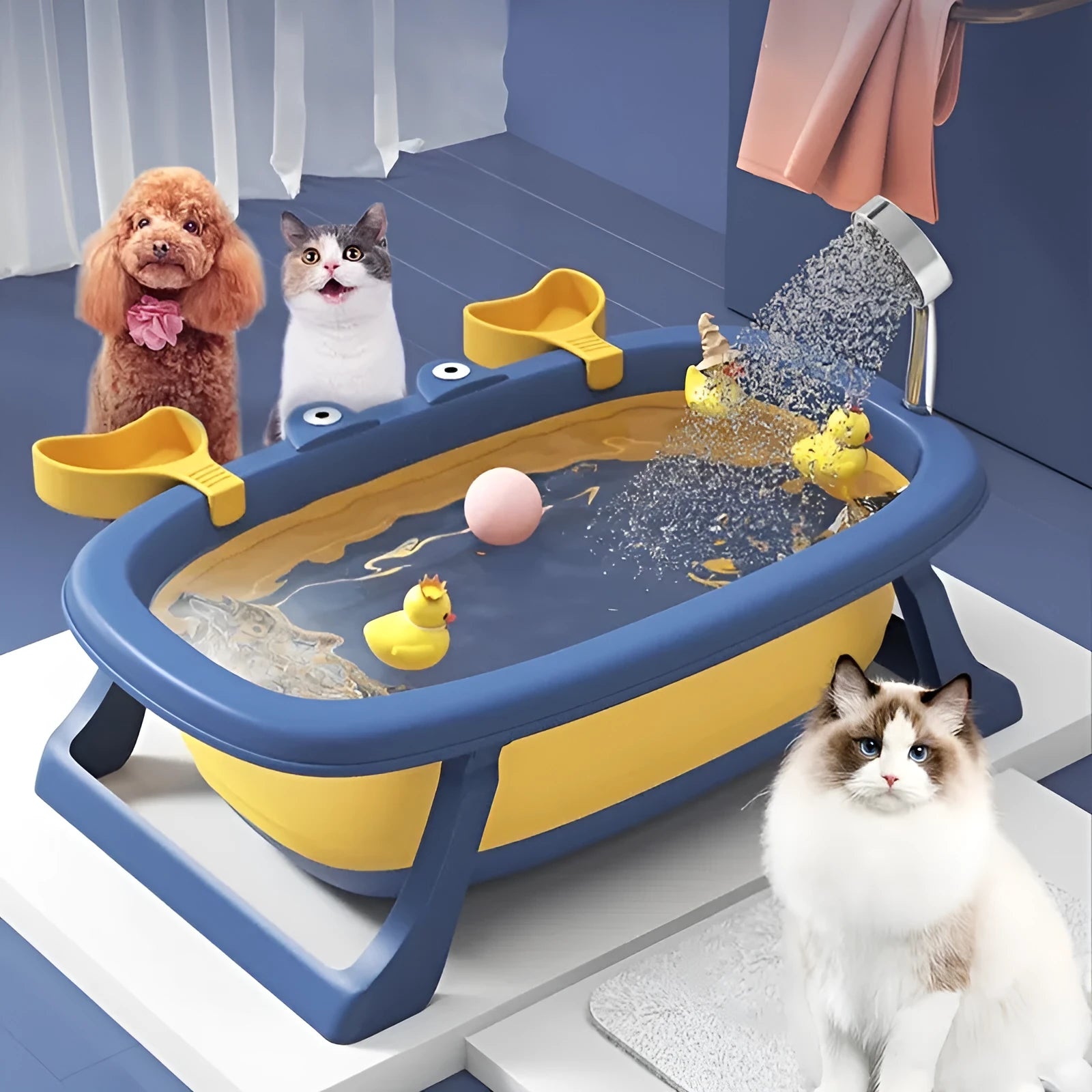 Blue portable foldable pet bathing tub for small cats and dogs.
