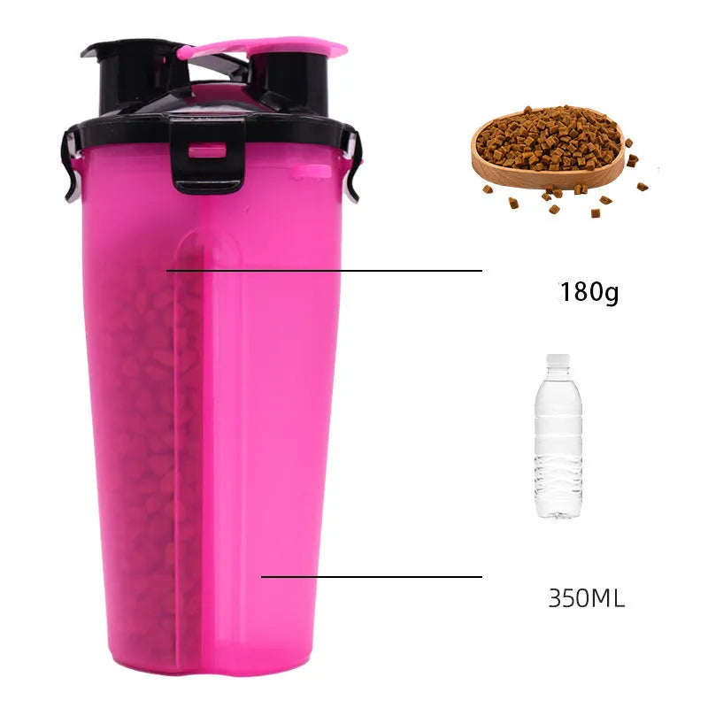 Portable dog water bottle and food storage container in assorted colours showing water and food compartments