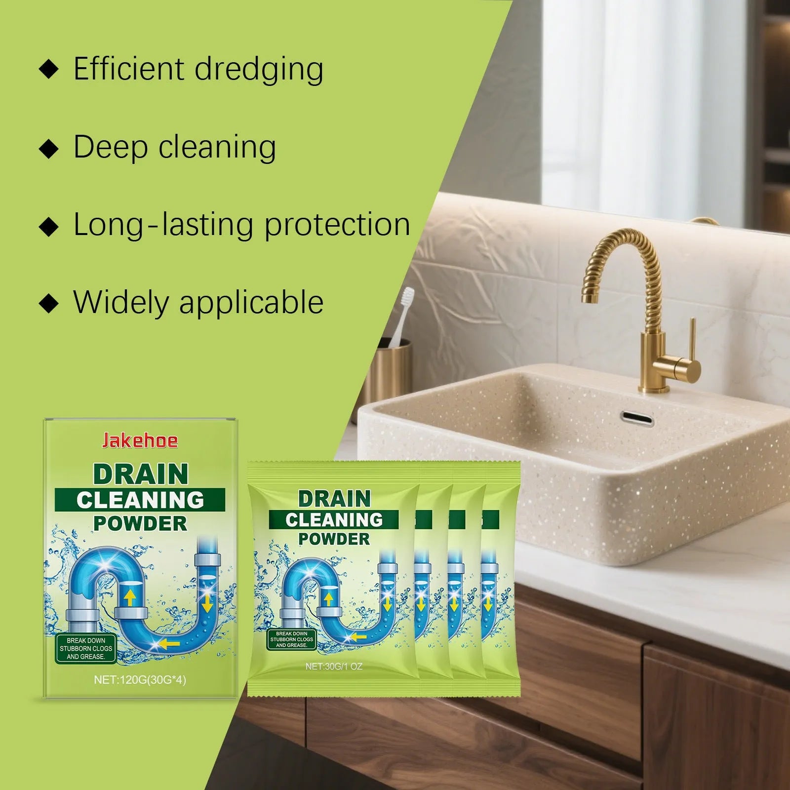 120g pack of drain cleaning powder with sodium hydroxide for blocked sinks and pipes