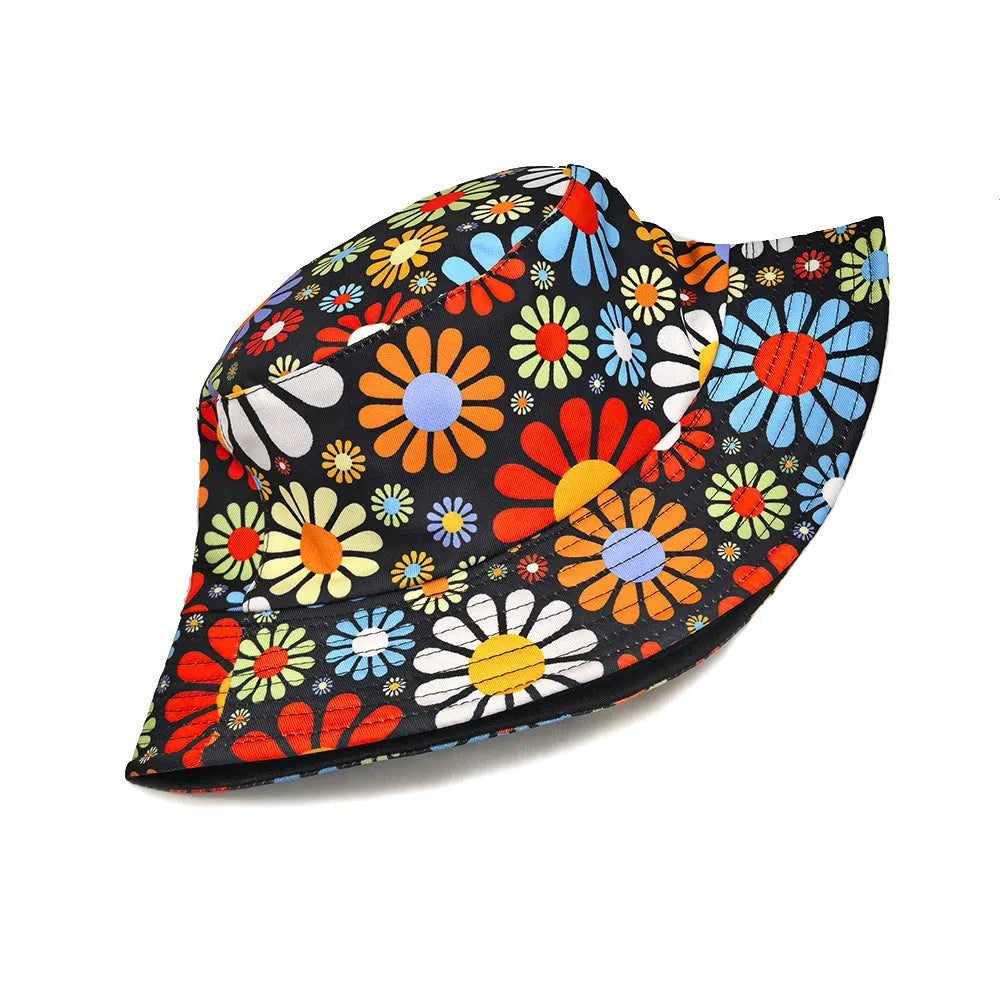 Colourful floral print bucket hat with dome crown in size M