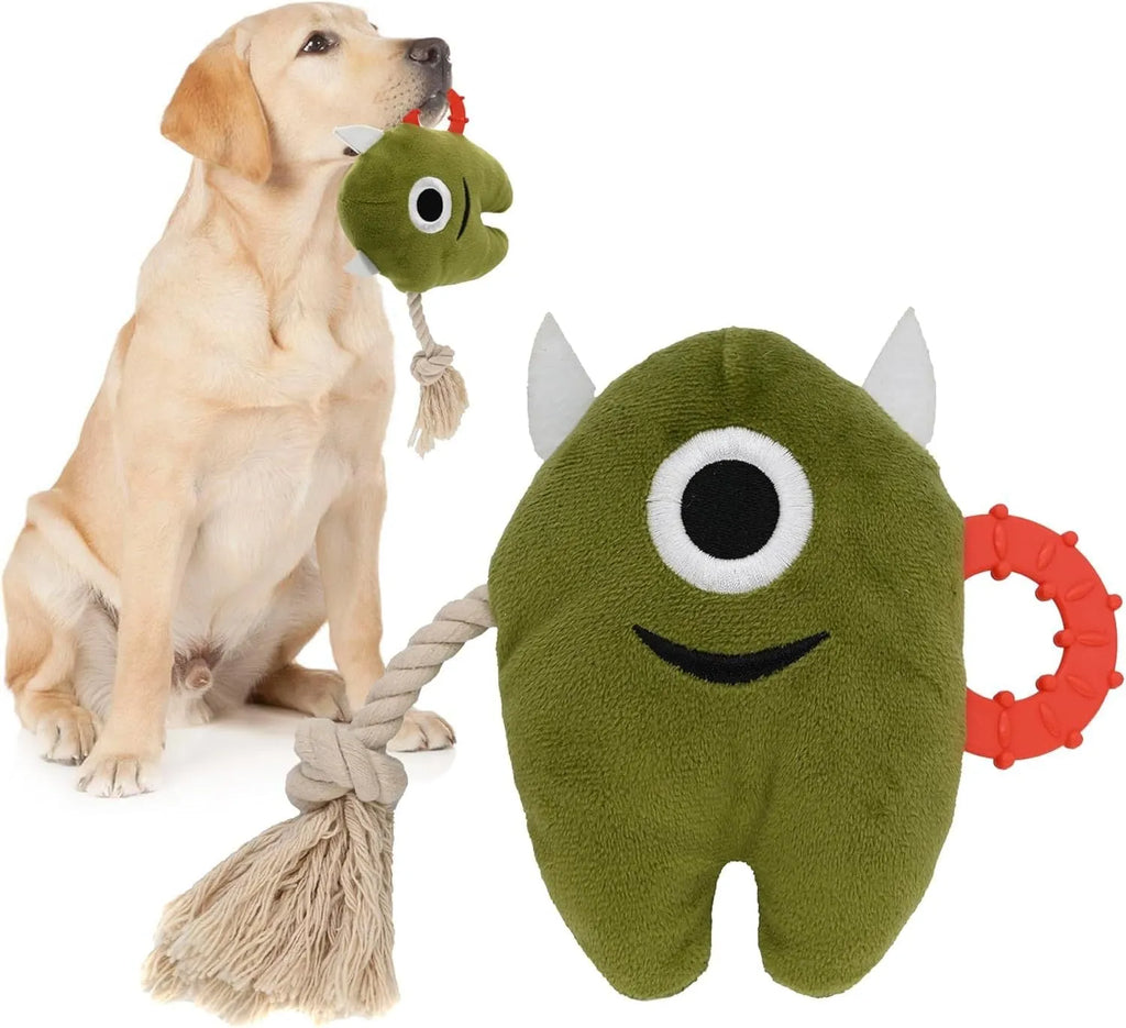 Blue and green monster design plush dog toy with integrated cotton rope tug handles and squeaker inside.
