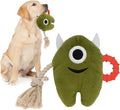 Blue and green monster design plush dog toy with integrated cotton rope tug handles and squeaker inside.
