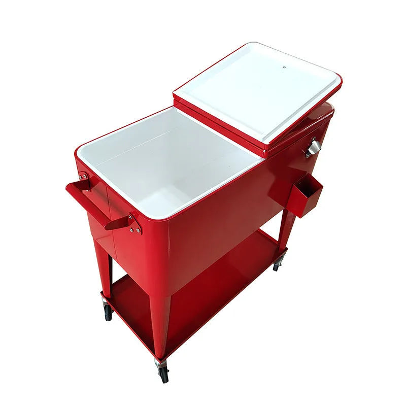 Red outdoor insulated cart with wheels for picnic food and drink temperature control