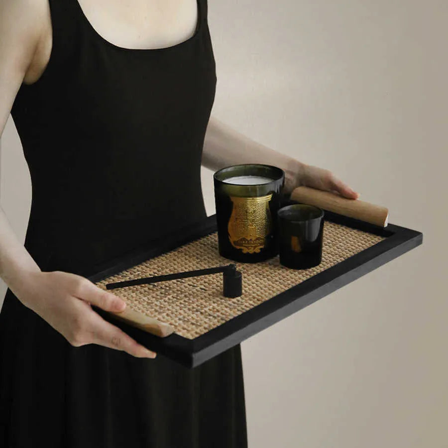 Pine wood dining tray with multiple compartments shown in large and small size options.