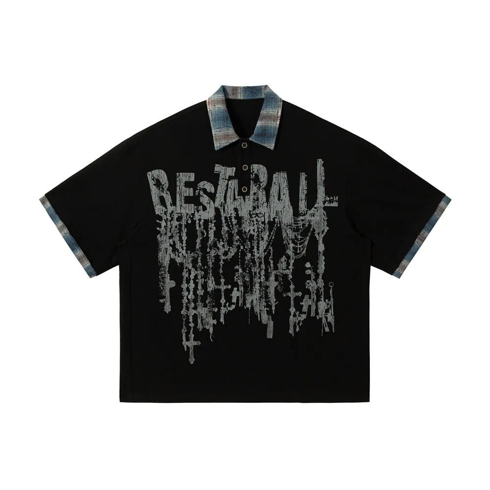 Men's loose-fit cotton short-sleeved top with asymmetric graffiti print design in street style
