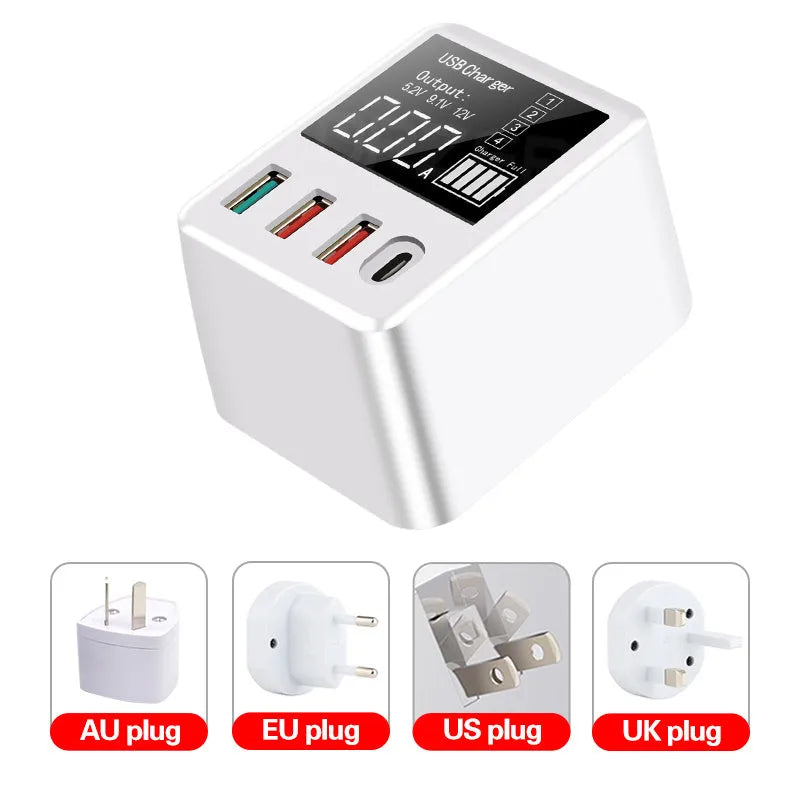 White 4-port QC3.0 and Type-C fast travel charger with optional British plug