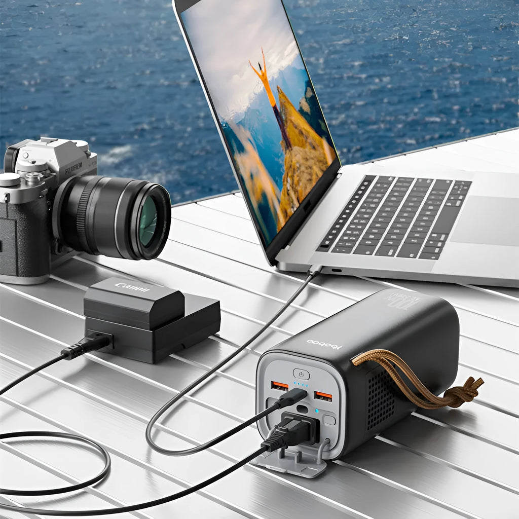 Black portable power bank with 20000mAh capacity and solar charging panel