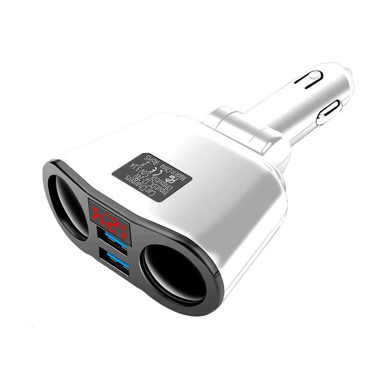 Black car Bluetooth FM transmitter MP3 player with USB ports plugged into cigarette lighter socket