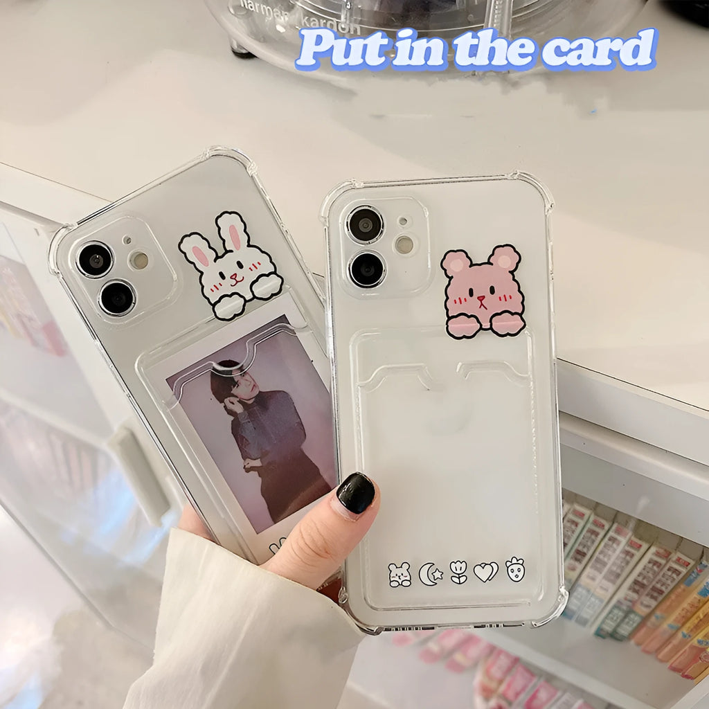 Transparent cartoon-painted iPhone case with built-in card holder slot in TPU material