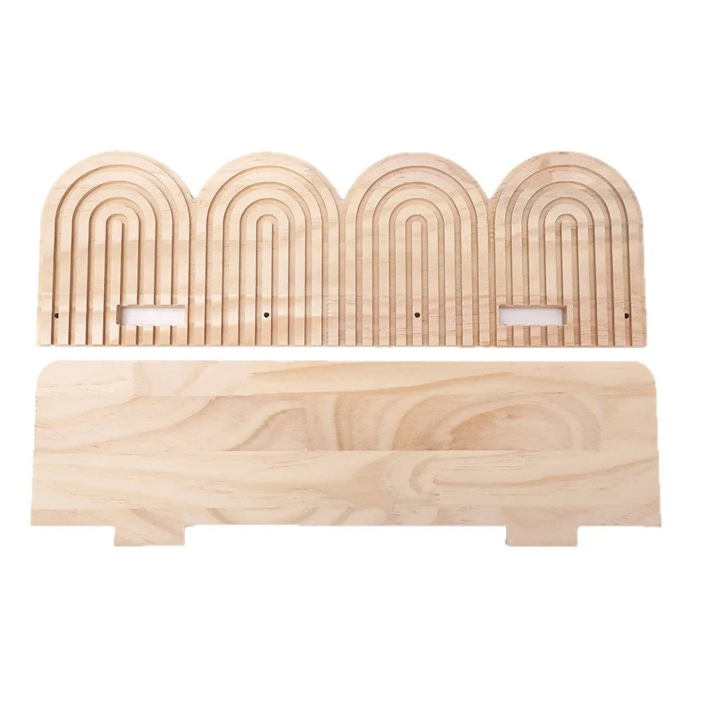 Solid wood multi-layer wall rack holding flower pots in a tiered pendant design