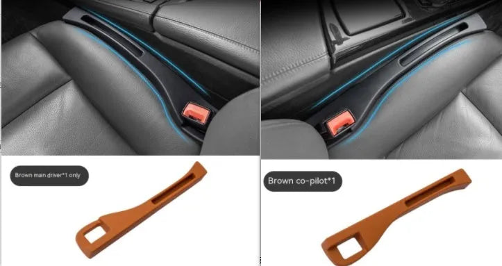 Black plastic car seat gap storage box with removal handle inserted between vehicle seats