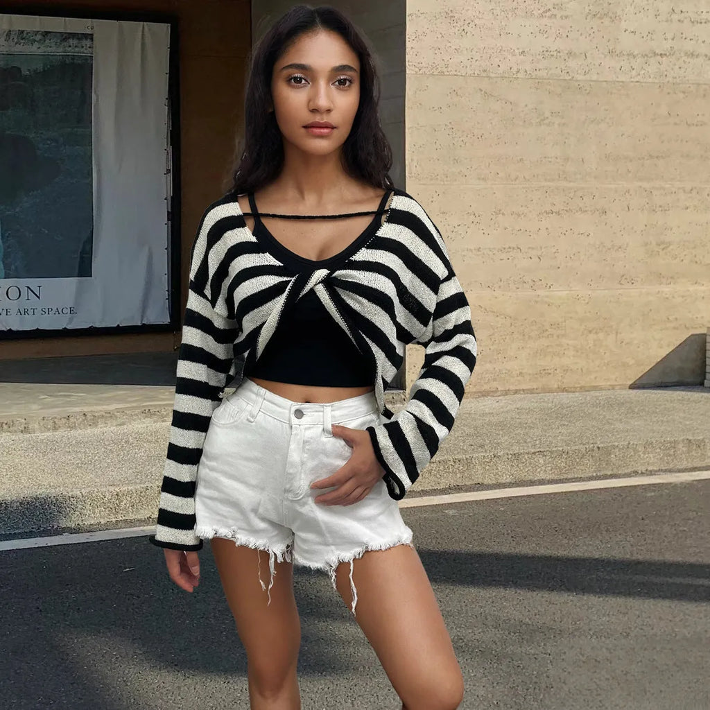 Women's striped long-sleeved sweater with exposed navel detail in mercerised cotton