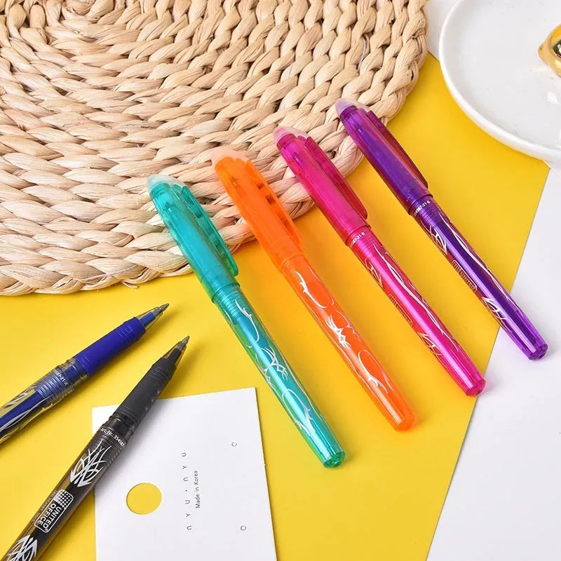 Set of heat-erasable gel pens in multiple colours with choice of 0.5mm or 0.7mm stainless steel nib tips.