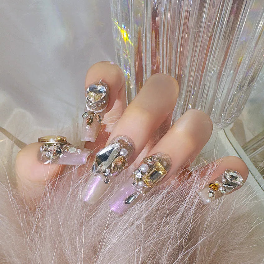 Flash style false nail patches with luxury rhinestones on 10-piece card, with jelly adhesive or tool set options