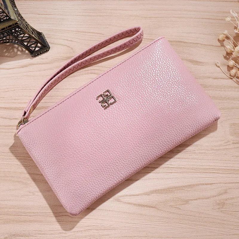 Long 55-inch PU leather phone wallet handbag with zipper, shown in a choice of colours.