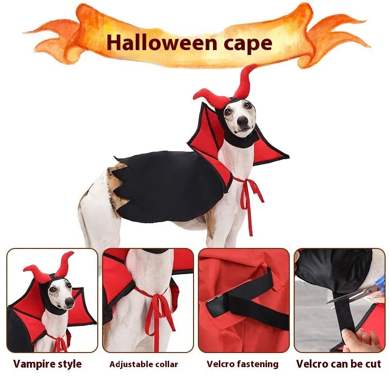 Black polyester pet vampire costume with long cloak and pointed hat for Halloween dressing