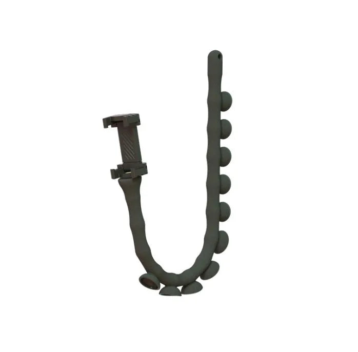 Black flexible arm phone holder with suction cup base bent into an S-shape, holding a mobile phone.