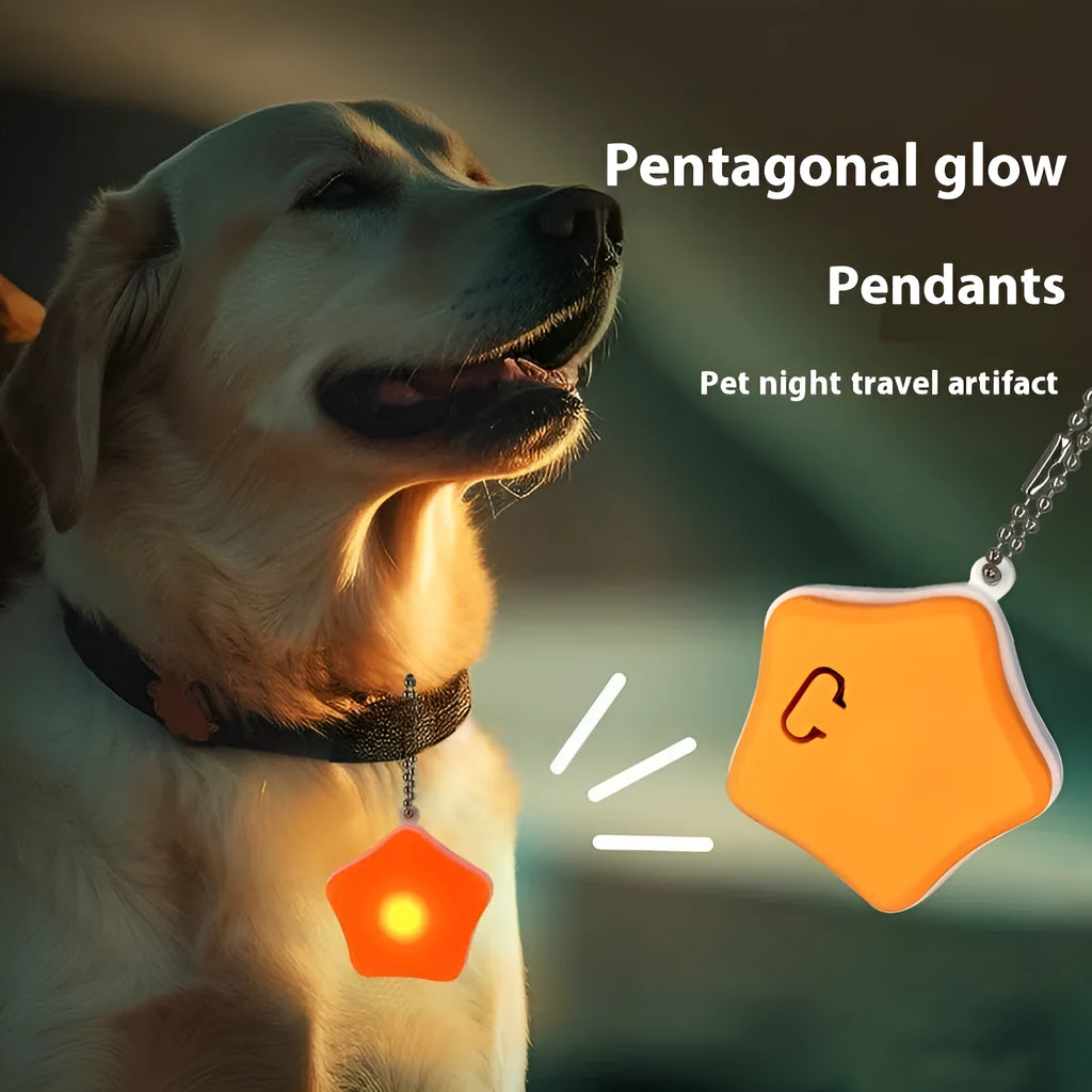 Blue rechargeable pendant light attached to dog collar with three lighting mode options