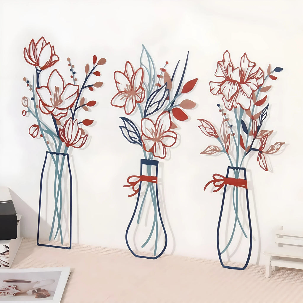 Three-piece metal flowers wall art set with vases in country farmhouse style for bathroom decoration