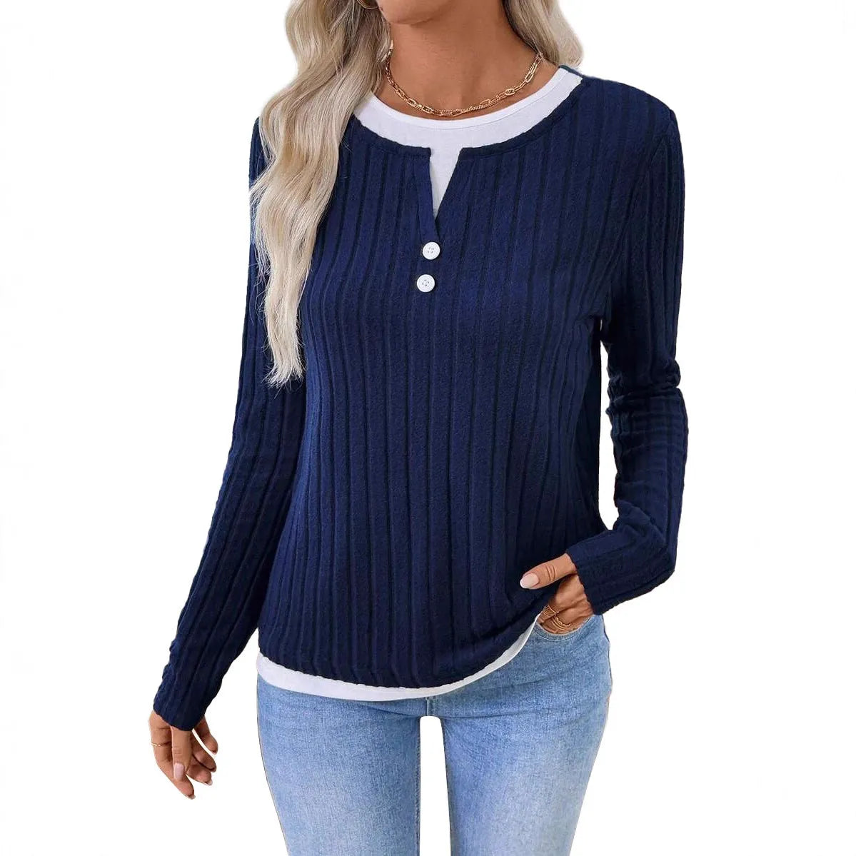 Women's black grinding stripe fake two-piece pullover sweater with round neck and button detail.
