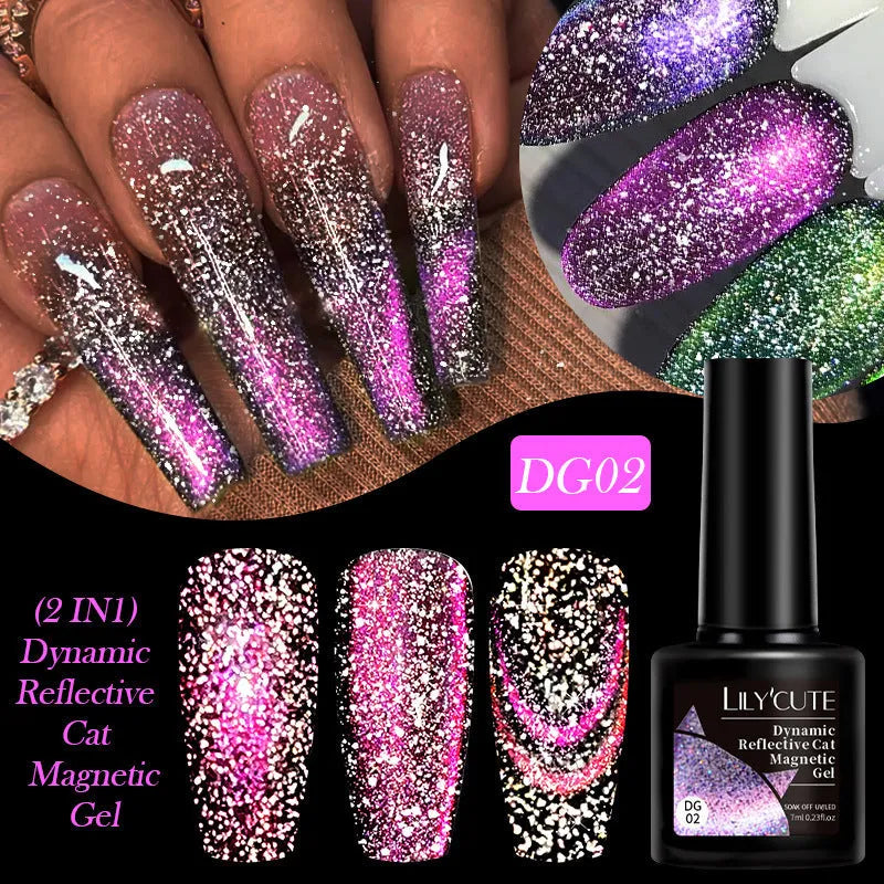 Diamond In The Debris Cat Eye Series UV nail polish gel bottles in six colours with glitter and fragments.