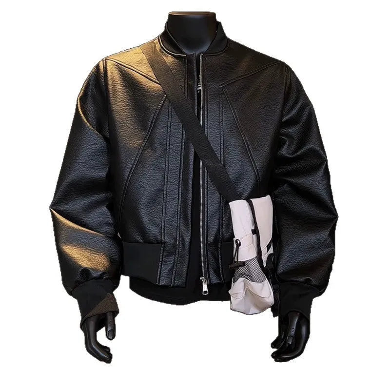 Men's black PU leather jacket with extended length and slim fit design shown from front