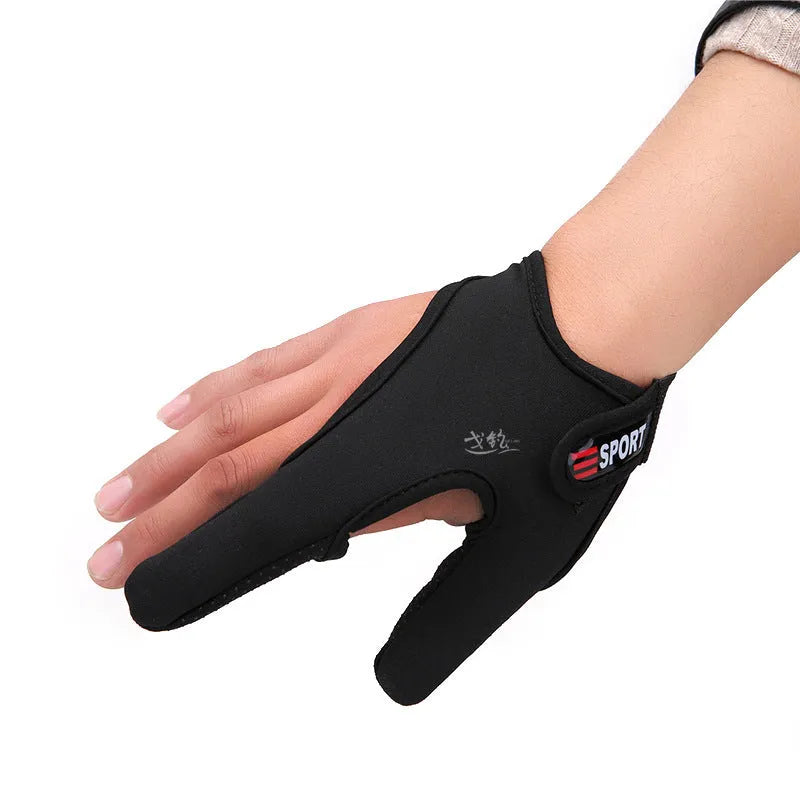Two-finger fishing glove showing microfiber palm and diving cloth back in camouflage pattern