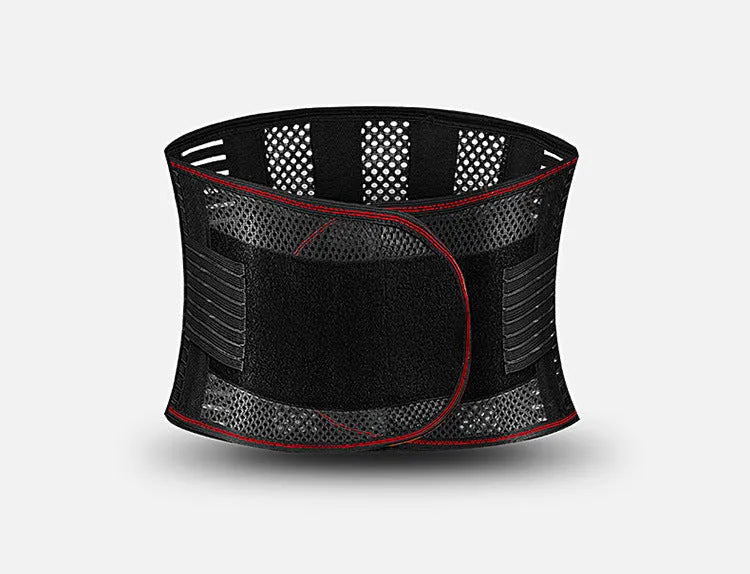 Black decompression sports waist support belt with steel plate insert shown on a model, sizes S to 2XL.