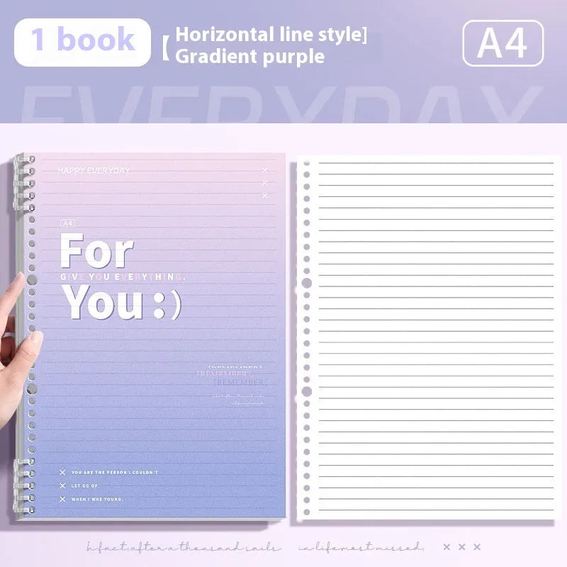 A4 and B5 removable coil notebooks with gradient coloured PP covers in green, blue, pink, and purple.