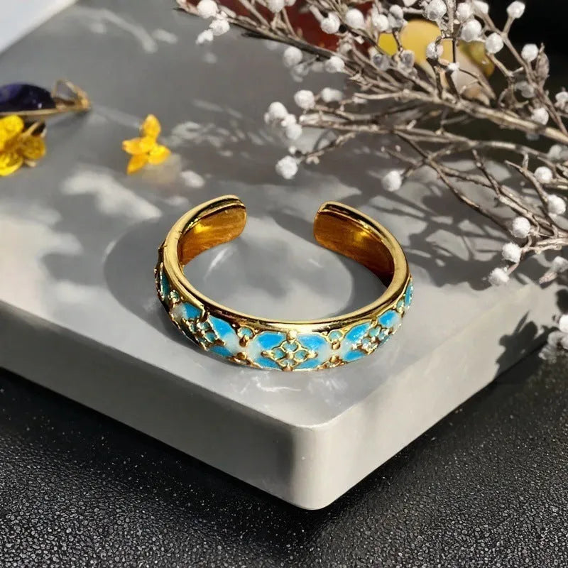 Adjustable copper ring with gourd motif, flower and bow shapes, zircon stones in six colour options