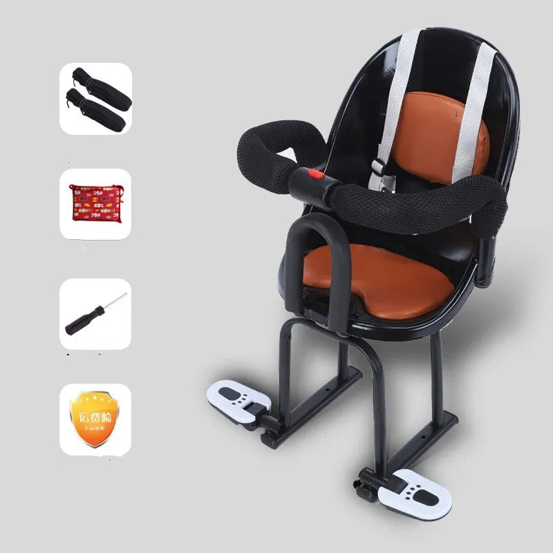 Steel-framed children's front seat for electric scooters in black, red or white