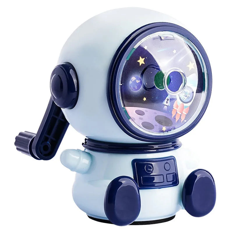 Children's cartoon astronaut themed manual pencil sharpener in blue or pink with adjustable sharpening levels