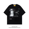 Men's black loose-fit pure cotton t-shirt with white printed letter design and raglan sleeves.