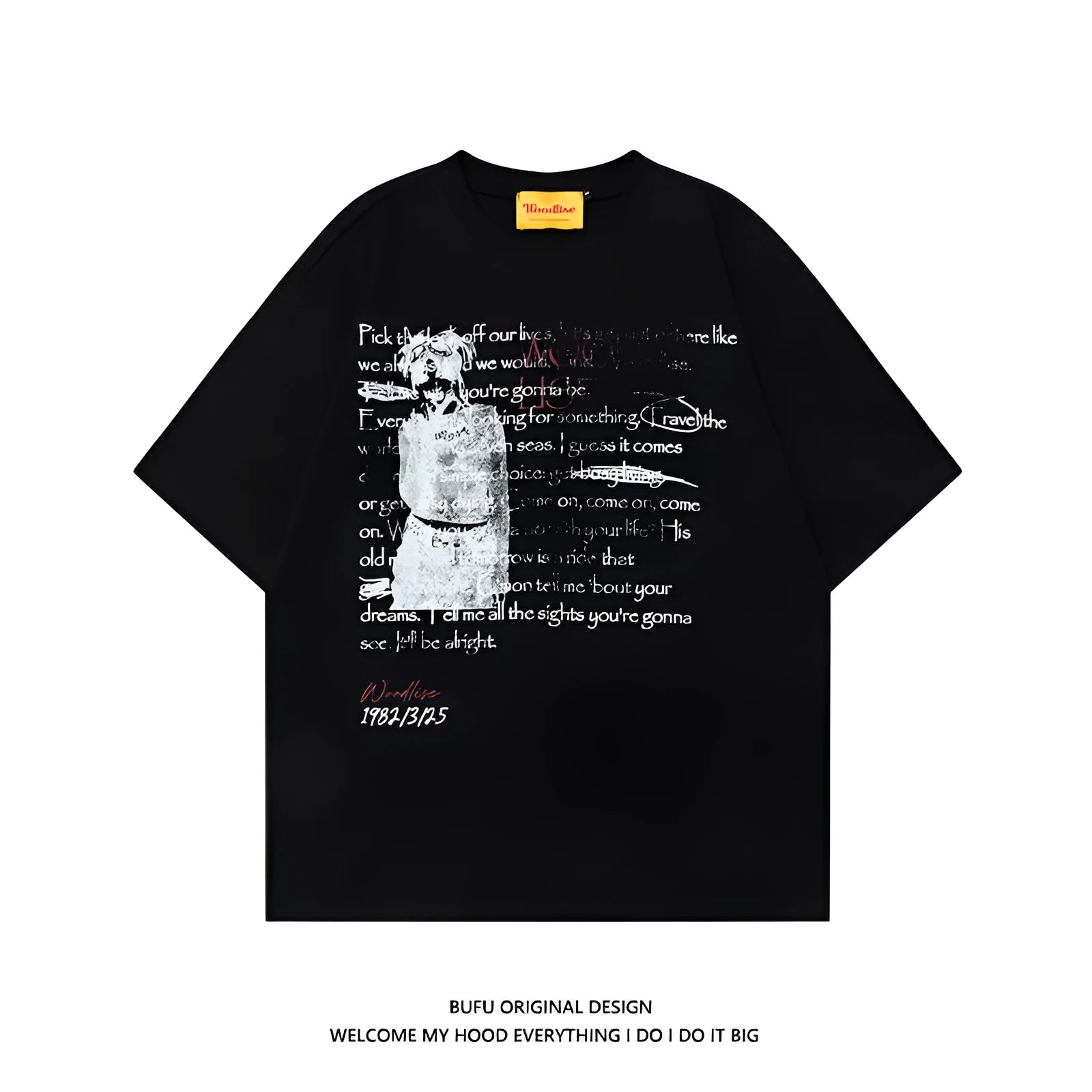 Men's black loose-fit pure cotton t-shirt with white printed letter design and raglan sleeves.
