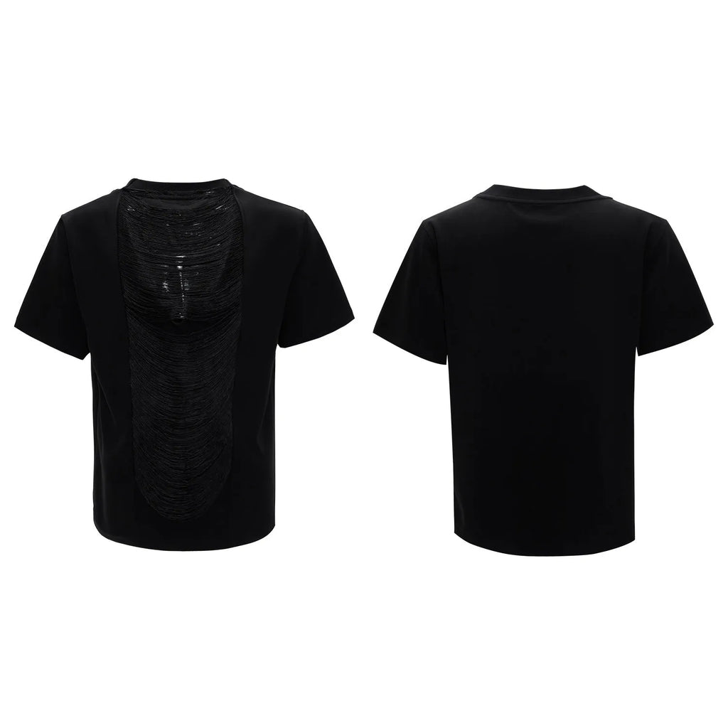 Men's black loose fit short sleeve T-shirt with V-neck hollow out collar
