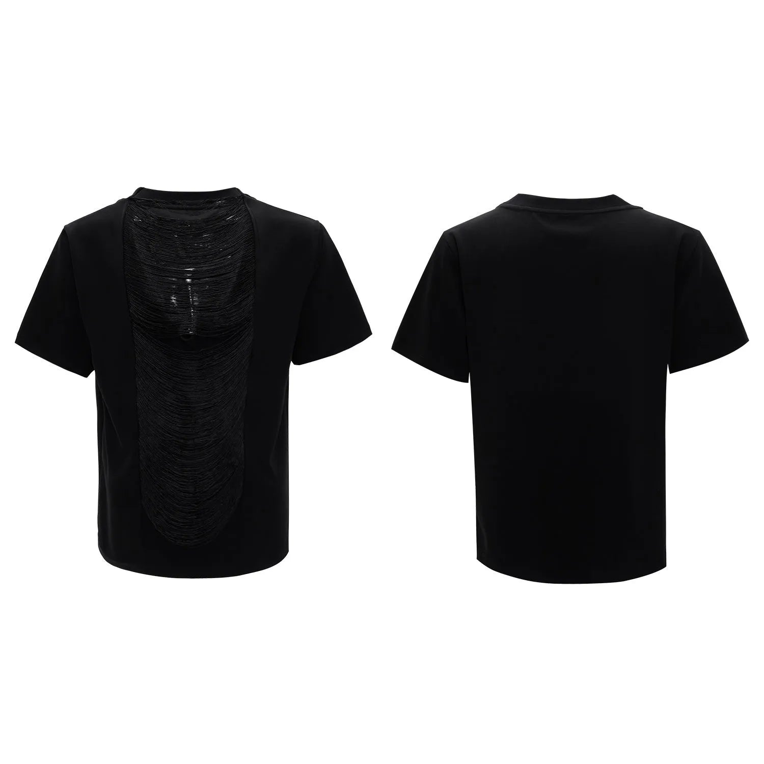 Men's black loose fit short sleeve T-shirt with V-neck hollow out collar