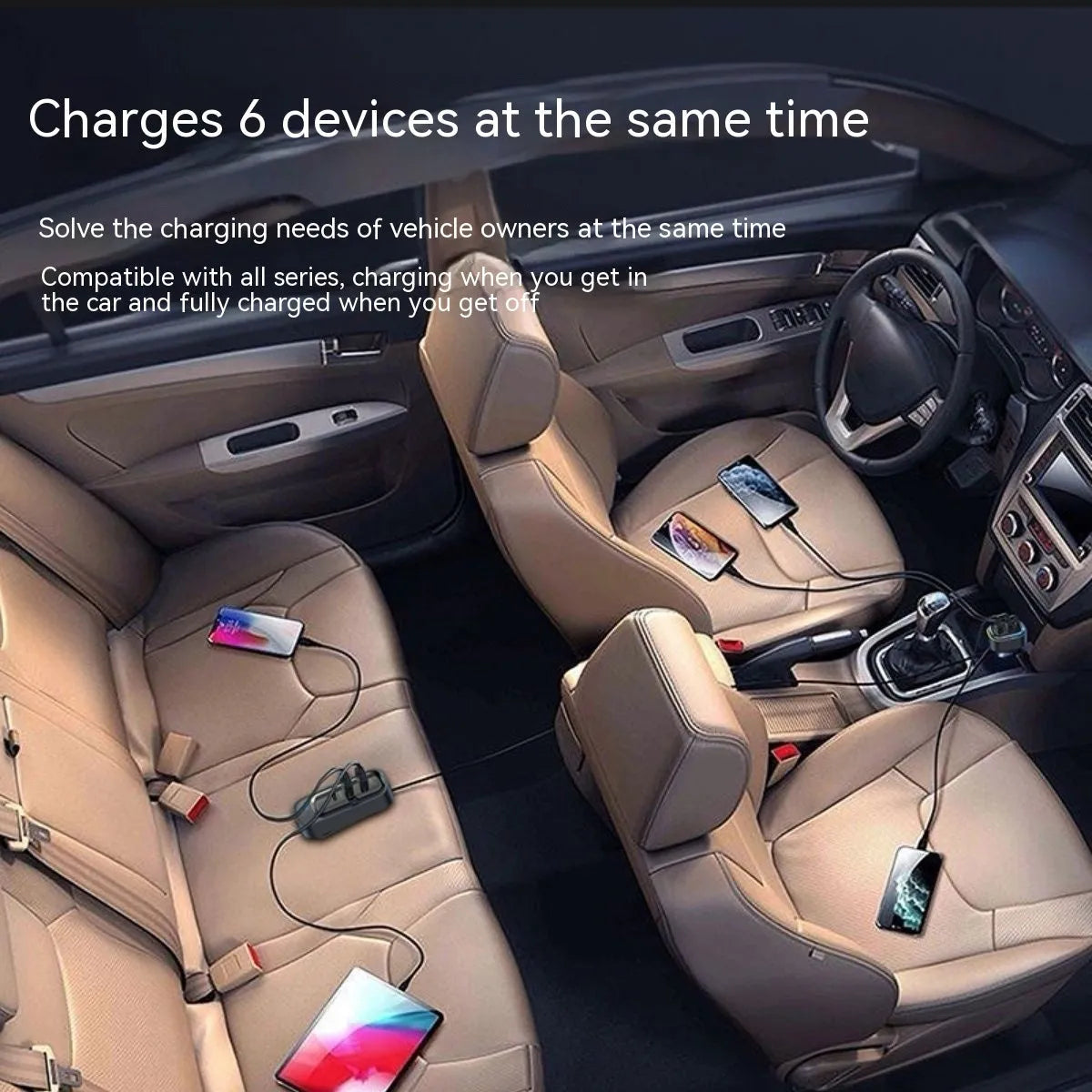 Retractable car charger with four-port USB adapter extending from vehicle cigarette lighter socket