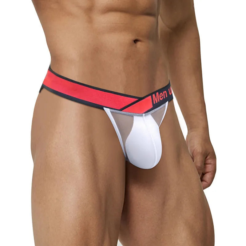 Men's red nylon briefs with large V gradient high fork and low waist design