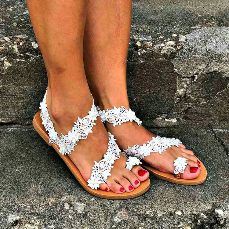White women's plus size flat shoes with rhinestone flower decoration and low-cut sandal design