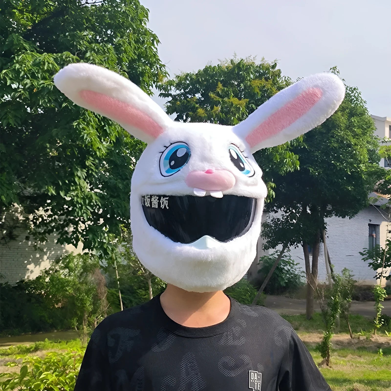 White long-eared rabbit head plush helmet cover for electric motorcycle helmets