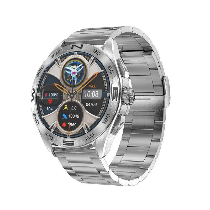 Smart watch with health monitoring sensors and touchscreen display.