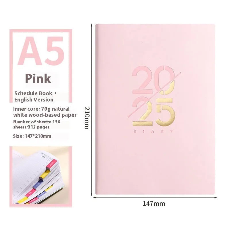 A5 daily planner with soft faux leather cover open to show dot grid pages